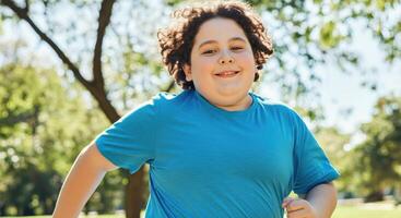 Joyful young boy running outdoors in sunny park setting photo