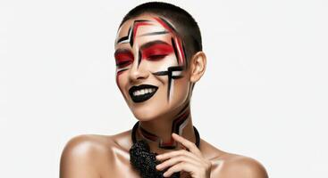 Bold artistic makeup on young female model highlighting geometric patterns and vibrant colors in studio photo