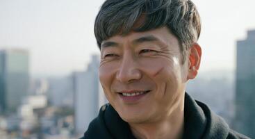 Mature asian male with joyful expression in urban setting photo