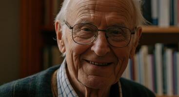 Elderly caucasian man smiling in library setting for inspirational and educational themes photo