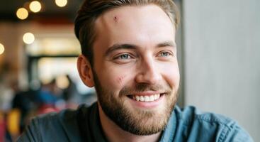 Smiling young caucasian male with beard and scar enjoying a moment in a cozy cafe setting photo