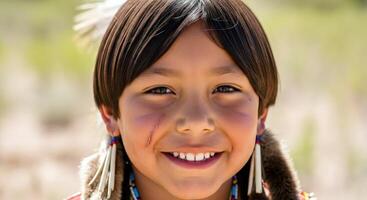 Native american child with traditional attire and beaded earrings in outdoor setting photo