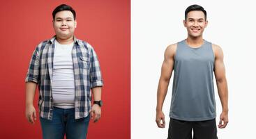 Journey of transformation. asian male fitness progress with before and after images for motivation photo