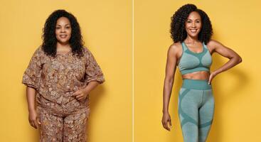 Transformation journey of an african american woman embracing fitness and wellness on a vibrant yellow background photo