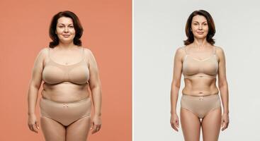 Transformation journey of middle-aged caucasian female with weight loss progress shown in comparison photo