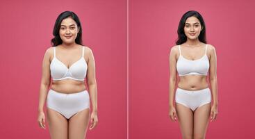 Transformation journey. asian female before and after weight loss on pink background photo