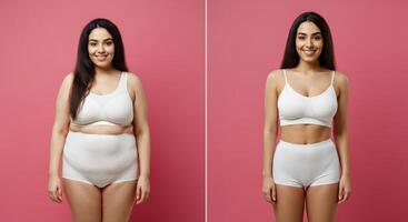 Transformation journey of young south asian woman in white activewear on pink background photo
