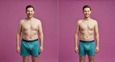 Male body transformation with fitness progress in before and after photographs photo