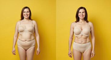 Confident caucasian female model in beige lingerie on yellow background for body positivity campaign photo