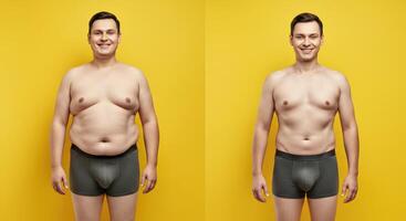 Before and after transformation of caucasian adult male on weight loss journey over yellow background photo