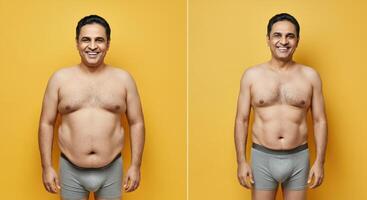 Transformation journey of a middle-aged hispanic male on yellow background photo