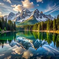 Scenic mountain lake with snowy peaks and forest reflection photo