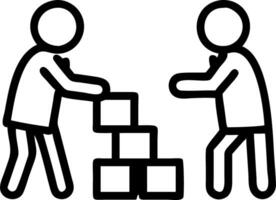 Two adorable kids acting as warehouse managers stacking building blocks in a modern storage area with plain background and copy space vector