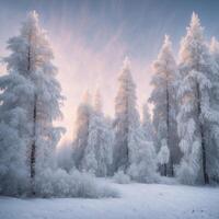 Frosty trees in the forest at sunrise photo