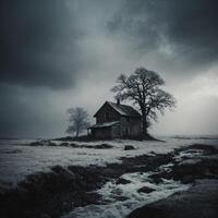 An old house sits on a hill in the middle of a field photo