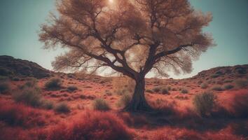 A red tree stands in the middle of a desert photo