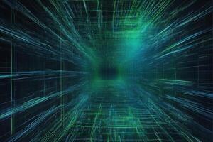 Abstract tunnel with green lines and blue lights photo