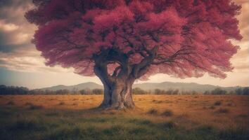 A pink tree stands in the middle of a field photo