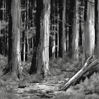 A black and white drawing of a forest photo