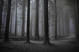 A dark forest with trees and a path photo