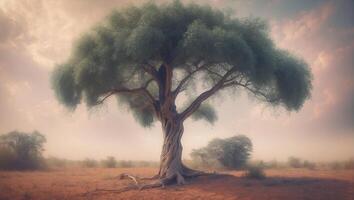 A lone tree stands in the middle of a desert photo