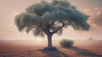 A tree stands alone in a field with fog photo