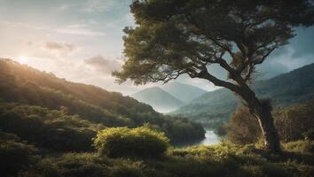 A tree stands in the middle of a forest with a river photo