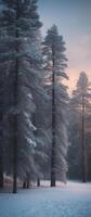 A snowy forest with trees and sun setting photo