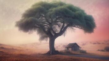 A tree and a house in a field photo