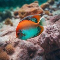 An orange and black fish is swimming on the ocean floor photo