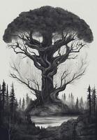 A black and white drawing of a tree in the forest photo