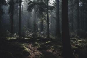 A dark forest with trees and moss photo