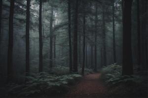A path through a dark forest with tall trees photo