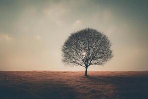 A lone tree stands in a field with a cloudy sky photo