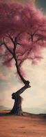 A pink tree in the desert with a bird flying above it photo