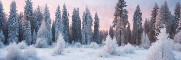 Frosty trees in the forest at sunset photo