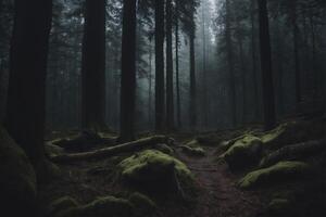 A dark forest with mossy trees and trees photo