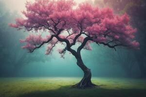 A pink tree in the fog with a foggy background photo