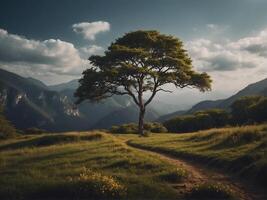 A lone tree stands in the middle of a grassy field photo