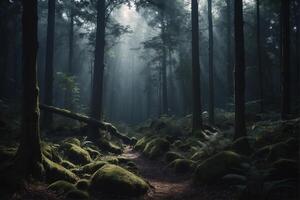 A path through a forest with mossy trees photo