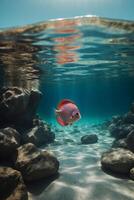 A fish swimming in the ocean with rocks and water photo