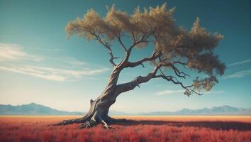 A tree in the middle of a red field photo