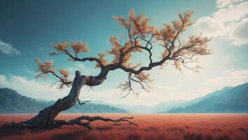 A tree in the middle of a field photo