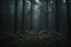 A dark path in the woods with trees and fog photo
