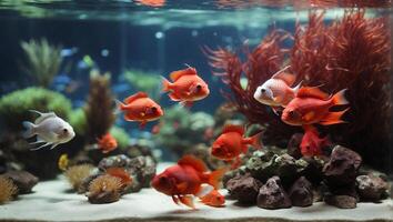 A group of red and white fish in an aquarium photo