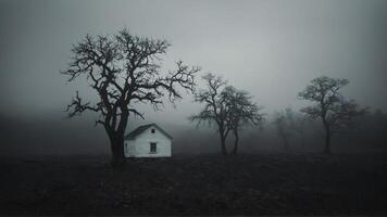 A house in the fog with bare trees photo