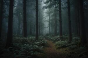 A path through the woods with ferns and trees photo