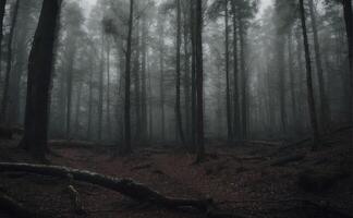 A dark forest with trees and fallen trees photo