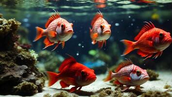 A group of red fish swimming in an aquarium photo