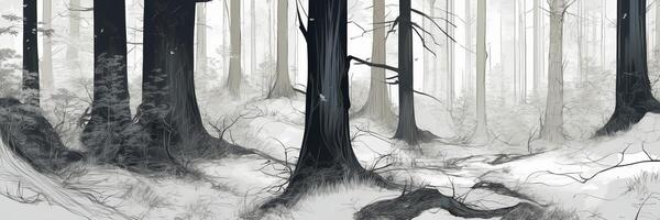 A black and white drawing of a forest photo